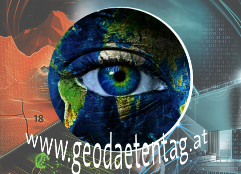 Collage: Großes Auge mit Weltkarte als Iris, umgeben von digitalen Mustern und abstrakten Landschaftsformen; die Webadresse www.geodatentag.at ist zu sehen.