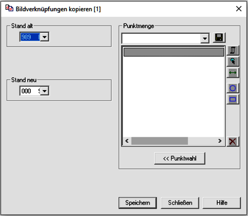 Dialogfeld "Bildverknüpfungen kopieren" zum Übertragen von Standnummern: links Felder "Stand alt" und "Stand neu", rechts eine Punktmenge-Liste mit Bearbeitungswerkzeugen; Button zur Punktauswahl sowie Speichern, Schließen und Hilfe.