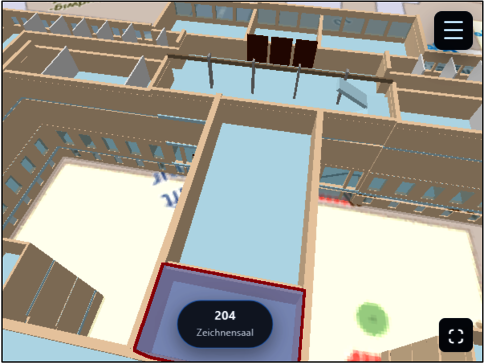 Isometrische 3D-Ansicht eines mehrstöckigen Gebäudekomplexes mit schmalen Fluren und einem mittleren blauen Wasserkanal. Im Vordergrund eine blaue Tafel mit der Aufschrift '204 Zeichensaal'. Oben rechts ein Menü-Symbol.