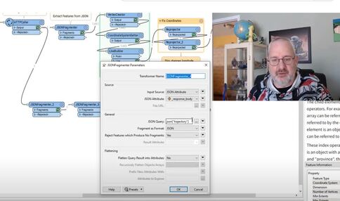 Screenshot eines Software-Interfaces: Links ein grafisches Flussdiagramm aus verbundenen Blöcken, in der Mitte ein Dialogfenster mit JSON-Parametereinstellungen, rechts ein Videofenster mit einem Mann mit Brille in einem Wohn-/Arbeitszimmer.