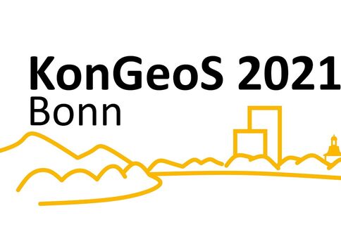 Logo von KonGeoS 2021 in Bonn; eine gelb-orangen Linienlandschaft mit Hügeln und einer Stadtsilhouette mit Gebäuden, darüber der Veranstaltungsname.