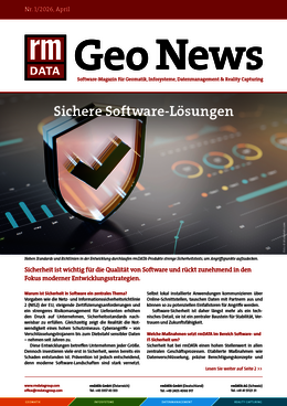 Darstellung einer Magazin-Seite: rm DATA-Logo und Geo News, Haupttitel 'Sichere Software-Lösungen'. Im Bild ein Schutzschild mit Haken vor digitalen Datenmustern, daneben Textabschnitte über Sicherheitssoftware.