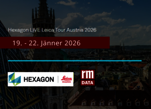 Banner für Hexagon LIVE Leica Tour Austria 2026, 19.–22. Januar 2026, mit Logos von Hexagon, Leica Geosystems und RM Data, vor einer Wiener Stadtansicht.