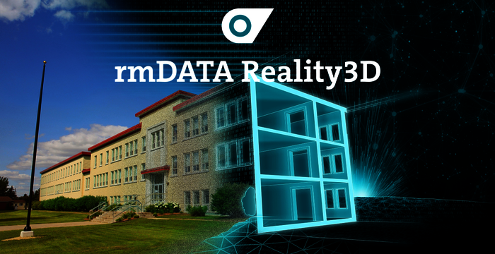 Außenansicht eines mehrstöckigen Gebäudes links, daneben ein leuchtend blaues, transparentes 3D-Gebäudemodell in Form eines offenen Würfelrahmens; darüber der Text rmDATA Reality3D und ein Logo.