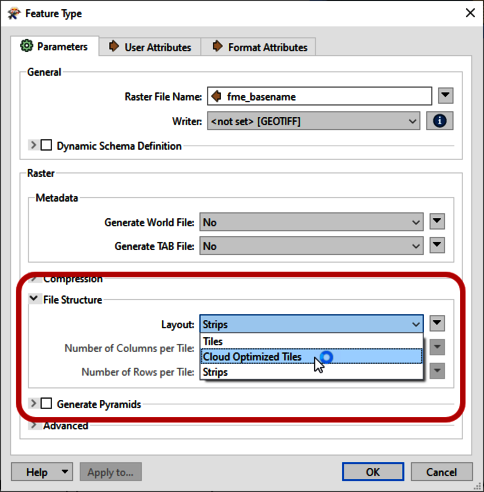 Dialogfenster 'Feature Type' in einer GIS-Anwendung. Im Abschnitt Dateistruktur wird das Layout auf Strips festgelegt; außerdem können Spalten- und Zeilenanzahl pro Tile sowie weitere Optionen wie Tiles oder Cloud Optimized Tiles gewählt werden.