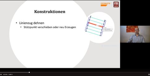 Präsentationsfolie mit dem Titel 'Konstruktionen'. Bulletpoints: 'Linienzug dehnen' und 'Stützpunkt verschieben oder neu erzeugen'. Rechts ein kleines farbiges Diagramm eines Rahmens; Hintergrund hellgrau.