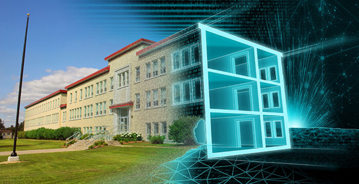 Ein mehrstöckiges Backstein-Gebäude mit rotem Dach und gepflegtem Rasen; rechts daneben eine leuchtend blaue 3D-Darstellung eines Gebäudemodells mit sichtbaren Innenräumen.