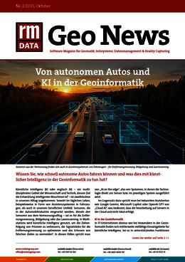 Titelseite des Magazins Geo News von RM Data. Hauptmotiv: Autobahn bei Sonnenuntergang mit autonomen Fahrzeugen, überlagert von blauen Geoinformationsdaten und KI-Overlays. Überschrift: Von autonomen Autos und KI in der Geoinformatik. Ausgabe Nr. 2/2025, Oktober.