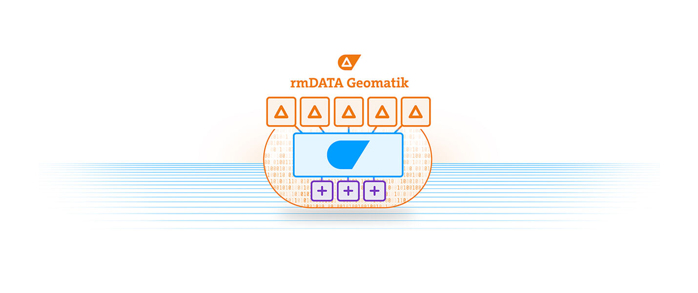 Logo der rmDATA Geomatik mit einem orangefarbenen Messgerät und Display; darunter Tasten, oben mehrere orange Warnsymbole; Hintergrund zeigt blaue horizontale Linien.