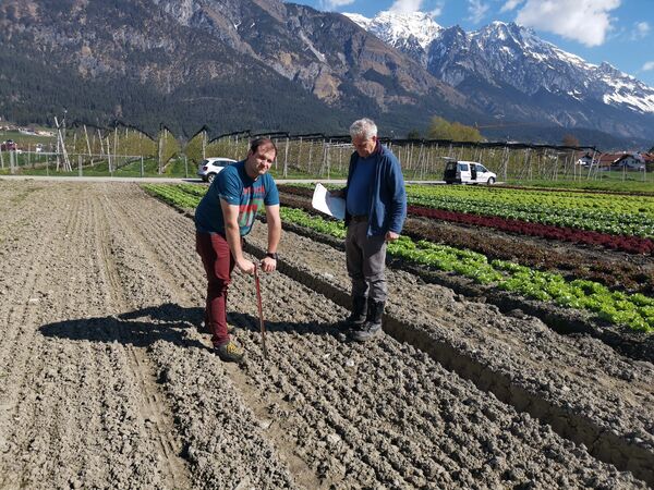 Two men stand in a cultivated field with furrowed soil and rows of crops; one digs with a long-handled tool while the other holds a white sheet of paper, with mountains and a clear blue sky in the background.