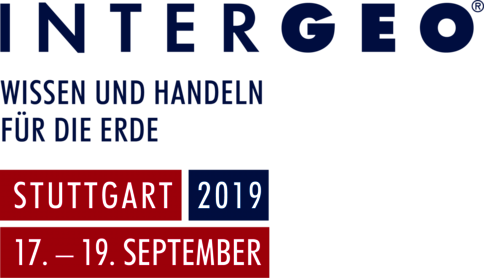 Logo der INTERGEO-Konferenz Stuttgart 2019: Slogan 'Wissen und Handeln für die Erde'. Farbfelder mit 'STUTTGART' und '2019' sowie darunter das Datum '17. – 19. SEPTEMBER'.