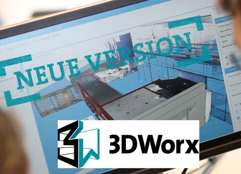 Bildschirm zeigt eine 3D-Modellierungsoberfläche; der Text NEUE VERSION überlagert das Bild. Unten rechts ist das 3D Worx-Logo sichtbar.