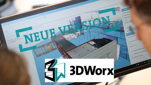 Bildschirm zeigt eine 3D-Modellierungsoberfläche; der Text NEUE VERSION überlagert das Bild. Unten rechts ist das 3D Worx-Logo sichtbar.