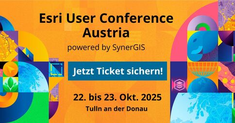 Banner zur Esri User Conference Austria, powered by SynerGIS. Enthält Aufruf: Jetzt Ticket sichern! Termin: 22.–23. Oktober 2025 in Tulln an der Donau.