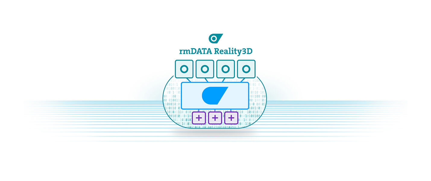 Logo von rmDATA Reality3D: ein ovales Bedienfeld mit kleinem Bildschirm, oben angeordnete Symbole und unten Plus-/Minus-Knöpfe, vor einem bläulichen Linienmuster.