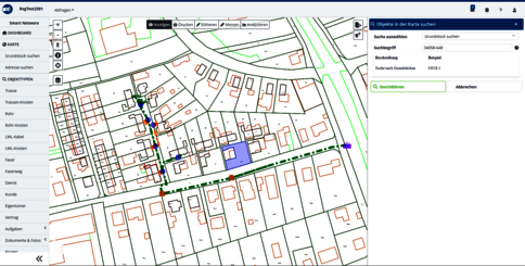 Suche nach Grundstücken und Adressen in rmDATA Smart Networx