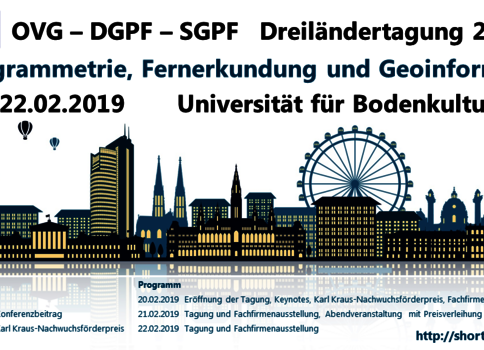Banner der Dreiländertagung 2019 zu Photogrammetrie, Fernerkundung und Geoinformation, 20.–22.02.2019 an der Universität für Bodenkultur Wien. Zeigt eine stilisierte Wiener Skyline mit Wahrzeichen und Veranstaltungslogos.