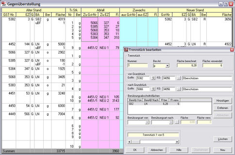 Screenshot einer Tabellenansicht in einer Software zur Gegenüberstellung von Positionen. Links eine umfangreiche Datentabelle mit numerischen Werten und farblich markierten Zellen (blau und pink); rechts ein Bearbeitungsdialog "Trennstück bearbeiten" mit Feldern und Schaltflächen.