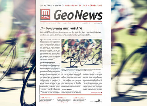 Vorderseite einer Zeitung mit GeoNews-Logo und rmDATA-Branding; darunter Textabschnitte und ein zentrales Foto von Fahrradfahrern, der Hintergrund zeigt weitere Radfahrer im Freien.