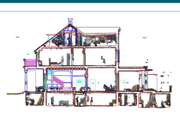 Cross-sectional illustration of a multi-story house, showing interior layouts on each floor: rooms, stairs, furniture, and occupants, from basement to attic, including kitchen, living areas, bedrooms, and exterior walls.