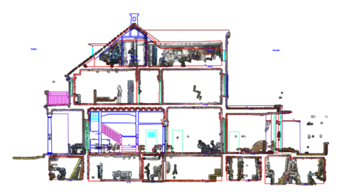 Cross-sectional illustration of a multi-story house, showing interior layouts on each floor: rooms, stairs, furniture, and occupants, from basement to attic, including kitchen, living areas, bedrooms, and exterior walls.