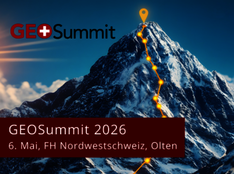 Logo GEO Summit links oben, schneebedeckter Berg mit gelber Aufstiegsroute zum Gipfel und einem Standortpin am Gipfel; unten roter Banner mit GEO Summit 2026, 6. Mai, FH Nordwestschweiz, Olten.