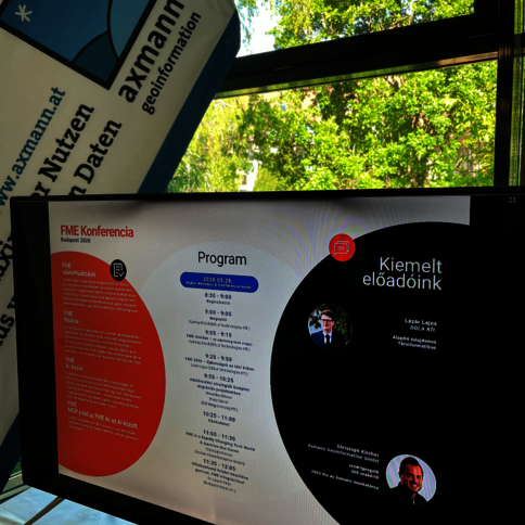 Großes Monitor-Display zeigt das Konferenzprogramm. Links roter Bereich mit „FME Konferencia“. In der Mitte „Program“ mit Uhrzeiten. Rechts schwarzer Kreis mit „Kiemelt előadóink“ und Porträts von Rednern. Vorne links Banner mit axmann.at.
