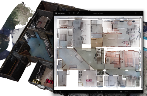 Top-Down-Grundriss eines Gebäudes im Vordergrund, eingeblendet in einem Fenster über einem 3D-Gebäudemodell; der Plan zeigt Räume, Wände und Möbel in unterschiedlichen Farben.