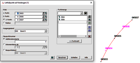 Screenshot eines Softwaredialogs zur Definition von Punkten auf einem Kreisbogen. Links Felder für Start- und Endpunkte, Radius und Neupunkte; rechts eine Punktmenge (5934, 5936) und eine magentafarbene Linie, die die Punkte verbindet.