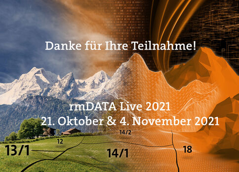 Banner für rmDATA Live 2021 mit Berglandschaft und grünem Feld, rechts orange abstrakte Formen und rmDATA-Logo. Text: „Danke für Ihre Teilnahme!“ sowie Termine: „rmDATA Live 2021 – 21. Oktober & 4. November 2021“.
