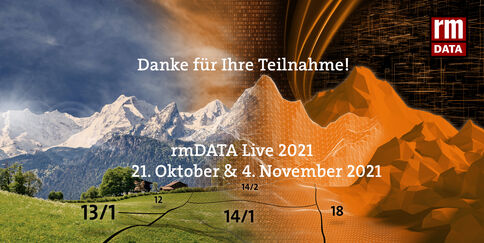 Banner für rmDATA Live 2021 mit Berglandschaft und grünem Feld, rechts orange abstrakte Formen und rmDATA-Logo. Text: „Danke für Ihre Teilnahme!“ sowie Termine: „rmDATA Live 2021 – 21. Oktober & 4. November 2021“.