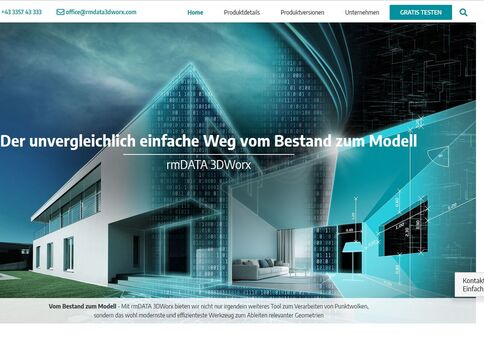 Modernes Bau- und Bürogebäude vor blauem, digitalem Hintergrund mit holografischen Linien; Text: "Der unvergleichlich einfache Weg vom Bestand zum Modell" – Hinweis auf rmDATA 3D Worx.