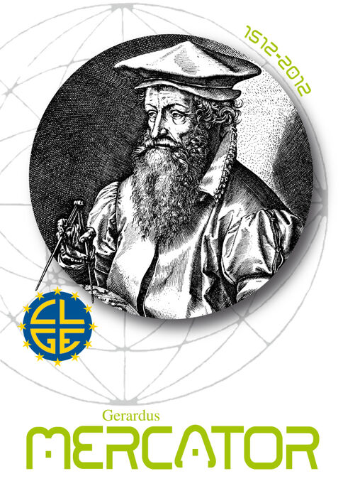 Schwarz-weißes Porträt eines historischen Kartografen mit Hut und Bart. Hintergrund zeigt Globuslinien; unten grün gesetzter Name 'MERCATOR' und ein gelb-blaues Logo; oben rechts Jahresangabe 1512–2012.