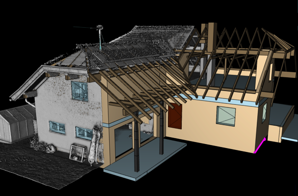 3D-Modell eines Hauses: Links zweistöckige Fassade mit Fenstern; rechts ein weiterer Gebäudeteil mit freiliegendem Dachstuhl aus Holzträgern. Das Dach ist teils offen, vorn Stufen und eine überdachte Eingangstür; Bau- bzw. Renovierungszustand wird sichtbar.