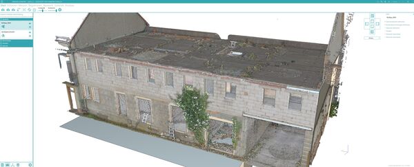 A 3D model of a long two-story stone building with a pitched roof, multiple windows, and a door on the left. A vine grows up the front wall, and the structure sits on a light gray ground plane.