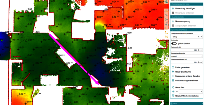 GIS-Karte mit farbigen Zonen in Grün, Rot und Gelb. Ein pink-violetter Pfeil markiert eine Route von unten links nach oben rechts; rechts sind Bedienelemente des Programms sichtbar.