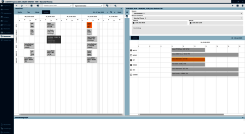A dual-panel project dashboard showing a Gantt-like schedule on the left with horizontal bars across a calendar, and a right-side panel with colored bars indicating task progress or resource allocation.