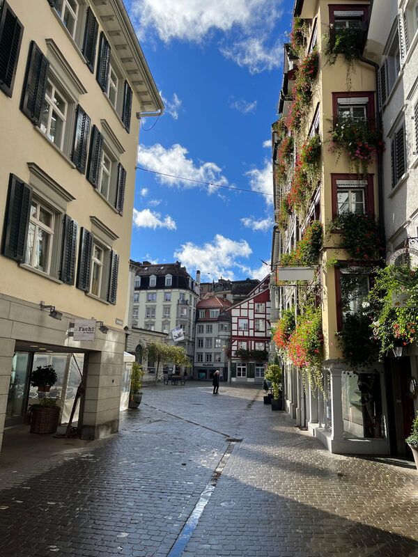 Eine enge, gepflasterte Straßenzug in einer europäischen Altstadt. Links und rechts reihen sich helle Gebäude mit Fensterläden und Balkonpflanzen. Im Hintergrund erheben sich weitere Häuser; der blaue Himmel mit Wolken sorgt für eine freundliche Atmosphäre, während ein paar Fußgänger die Straße bevölkern.