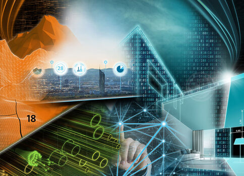 Collage montrant l’alliance nature et technologie: paysage rural et montagnes à gauche, réseau lumineux et main au centre, puis bâtiment moderne et motifs numériques bleus à droite.