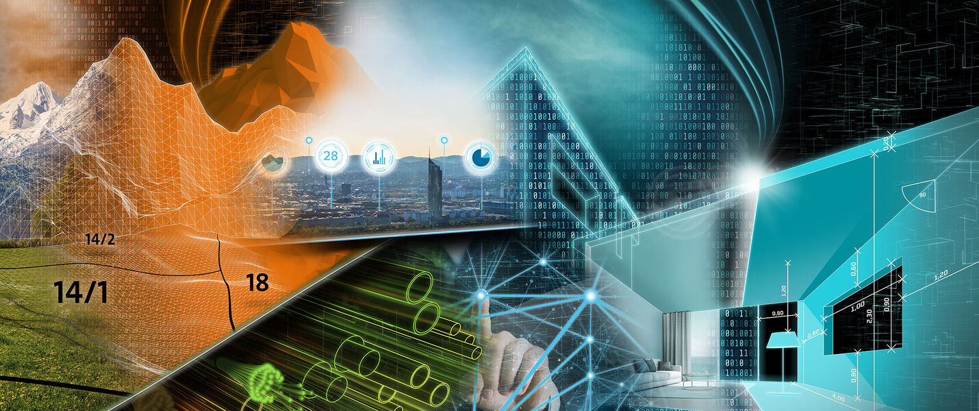 A collage blending nature and technology: snowy mountains and fields fade into a luminous, futuristic cityscape with glass buildings, cyan holographic networks, and a hand interacting with digital circuits across the scene.