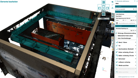 3D-CAD-Darstellung eines technischen Innenraums: farblich markierte Bauteile in einem rechteckigen Gehäuse (türkisfarben und Orange), die Anordnung mehrerer Module zeigt.