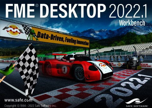 Werbebild für FME Desktop 2022.1 Workbench mit Rennwagen auf einer Rennstrecke, Banner „Data-Driven, Fueling Innovation“ und Bergkulisse im Hintergrund.