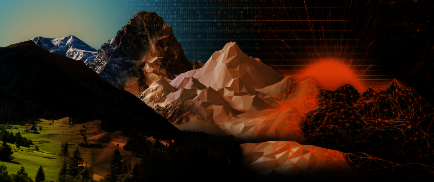 Eine Berglandschaft mit grünen Wiesen und Gipfeln links; in der Mitte realistische Berge, rechts rote, polygonale und netzartige Formen als Symbol für den Übergang von Natur zu Technologie.
