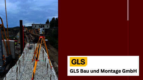 Construction site with steel reinforcement bars in a trench, concrete formwork, and a yellow surveying tripod; background buildings are visible, and a maroon panel on the right displays the GLS logo.