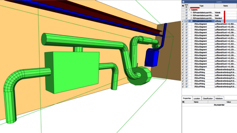 Eine 3D-Darstellung eines Rohrsystems: Grüne Rohre winden sich um einen grünen Block und eine blaue Komponente. Der Innenraum wirkt wie eine Konstruktionsansicht; rechts ist eine Objektliste einer 3D-Software zu sehen.
