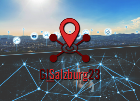 Roter Standort-Pin über einem Netz aus leuchtenden Verbindungslinien vor einer Stadtlandschaft – darunter der Schriftzug GISalzburg23.