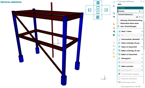 Dreidimensionales CAD-Modell eines Gerüsts: blaue Stützbeine, rote Quer- und Diagonalstreben, oben eine rechteckige Arbeitsplattform.