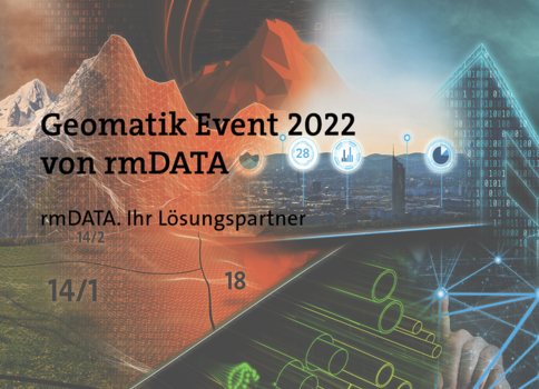Banner für Geomatik Event 2022 von rmDATA. Darstellung einer digital vernetzten Stadt mit leuchtenden Netzlinien und Farbakzenten; rmDATA-Logo oben rechts.