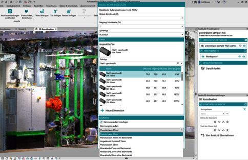 Screenshot einer industriellen Anlage mit Rohrleitungen, Ventilen und Pumpen; daneben ein CAD/Engineering-Softwarefenster mit Einstellparametern und Diagrammdaten.