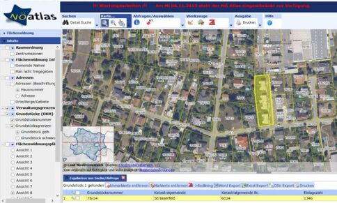 Screenshot einer Kartenanwendung Noatlas mit Blick auf ein dicht bebautes Wohngebiet. Ein Grundstück ist gelb markiert. Oben befinden sich Such- und Werkzeugleisten, links eine Navigations- bzw. Filterseite; unten ein kleines Karteninset.